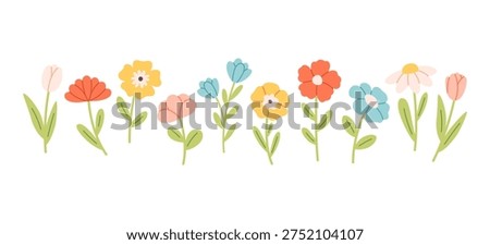 Cute hand drawn spring and summer flowers collection. Floral doodle elements with wildflowers and leaves. Perfect for spring designs, floral decorations, stickers, prints, cards, and modern graphics.