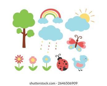 Cena de primavera desenhada à mão bonito com arco-íris, árvore e coleção de elementos bonito