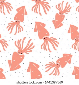 Cute hand drawn squids seamless pattern. Squid animal cartoon character isolated on white background. - Vector