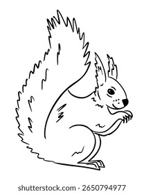 Cute hand drawn squirrel sitting with fluffy tail in simple black outline style. Concept of forest animal, wildlife charm, and natural simplicity.
