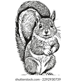 Cute hand drawn squirrel, vector illustration black and white baby squirrel.
