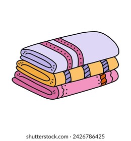 Cute hand drawn stack of folded towels for shower and bathe. Bath rolled towels from fabric and microfiber, bathroom textile, hygiene accessory. Simple funny doodle with hand drawn outline.