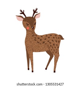 Cute hand drawn standing deer isolated on white background. Forest animal. Vector illustration.