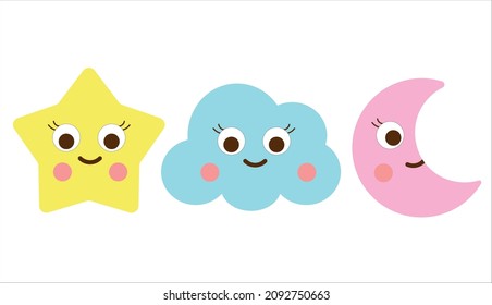 Cute hand drawn star, cloud and moon vector icon. Set of colorful moon, star and cloud for baby room decoration. 