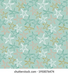 Cute hand drawn star seamless pattern illustration of gold glitter children doodles. Modern baby nursery background design with freehand cartoon.