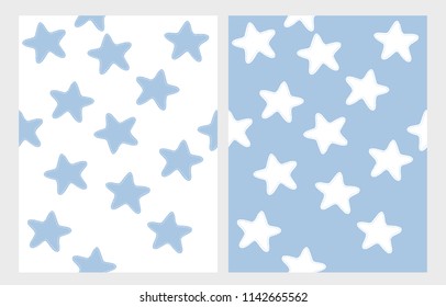 Cute Hand Drawn Stars Vector Pattern Set. Simple Childish Style Vector Design. Blue Stitched Stars Isolated On A White Background. White Stitched Stars On A Blue Background. Simple Abstract Starry Sky