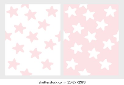 Cute Hand Drawn Stars Vector Pattern Set. Simple Childish Style Sky Design. Pink Sketched Stars on a White Background. White Drawn Stars on a Pink Background. Lovely Starry Sky Vector Design for Girl 
