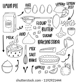 Cute hand drawn step by step illustrated recipe in doodle style. Lemon pie.