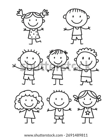 Cute hand drawn stick figure kids set. Happy boys and girls doodle characters with smiling faces, perfect for children’s designs, education, and family illustrations.