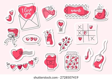 Cute hand drawn sticker set with love icons including envelope, heart, coffee cup, candle and gift. Romantic doodle vector elements for messaging, social media, decoration, branding, creative design.