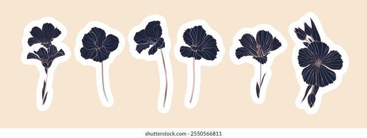 Adesivos desenhados à mão bonitos com flores de linho. Ilustração de vetor floral