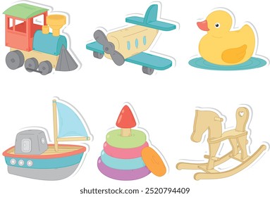 Cute hand drawn stickers with retro children's toys. Colorful hand drawn duck, boat, airplane, steam train, pyramid, rocking horse