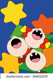 Cute hand drawn stock vector illustration of three toothless children in front of a Christmas tree with big yellow and orange stars singing Christmas songs