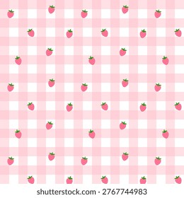 Cute hand drawn strawberries on gingham seamless pattern.Checkered tartan plaid repeat pattern in pastel pink and white.Geometric vector background wallpaper for fabric and prints.
