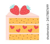 Cute hand drawn Strawberry Cake Piece with berries and hearts. Trendy flat vector illustration. sweet food dessert cartoon. isolated on white background for birthday party, Valentine day. 