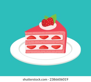 Cute hand drawn Strawberry Cake Piece in White Plate with fruits topping pastry sweet food dessert cartoon vector illustration isolated on white background for birthday party