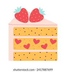 Cute hand drawn Strawberry Cake Piece with berries and hearts. Trendy flat vector illustration. sweet food dessert cartoon. isolated on white background for birthday party, Valentine day. 