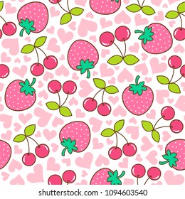 Cute hand drawn strawberry and cherry seamless pattern with heart background