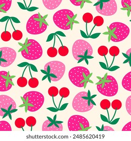 Cute hand drawn strawberry and cherry seamless pattern background.