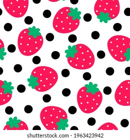 Cute hand drawn strawberry and dot seamless pattern background.