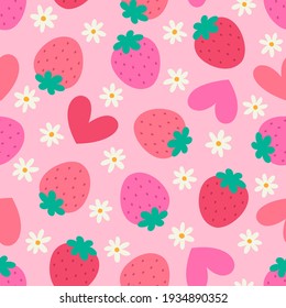 Cute hand drawn strawberry and flower seamless pattern with heart background