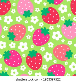 Cute hand drawn strawberry and flower seamless pattern background.