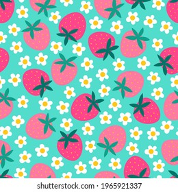 Cute hand drawn strawberry and flower seamless pattern background.