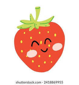 Cute hand drawn strawberry smiling. Kawaii funny fruit character for kids