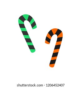Cute hand drawn striped candy cane vector illustration. Halloween themed orange, green and black sweet canes, isolated.