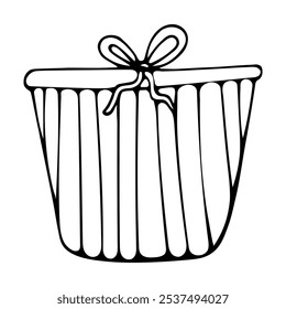 Cute hand drawn stripes gift box with bow for New Year, Xmas, Easter, birthday. Black line doodle vector clipart for greeting cards, posters, stickers, coloring and design. Isolated on white back.