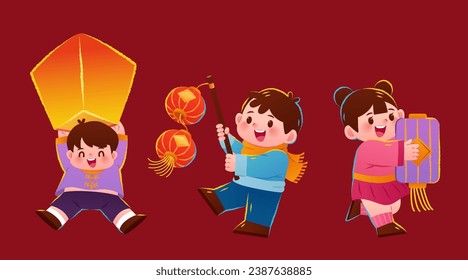 Cute hand drawn style children playing with lanterns isolated on burgundy background.