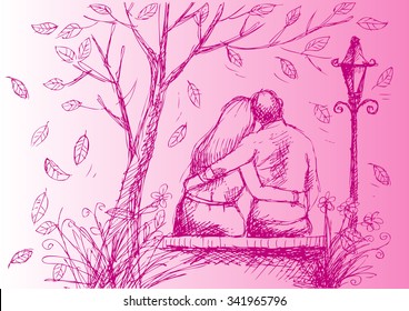  cute hand drawn style couple sitting on bench
