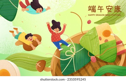 Cute hand drawn style dragon boat festival poster of miniature kids floating among zongzi and food ingredients. Chinese Translation: Healthy Duanwu Festival.