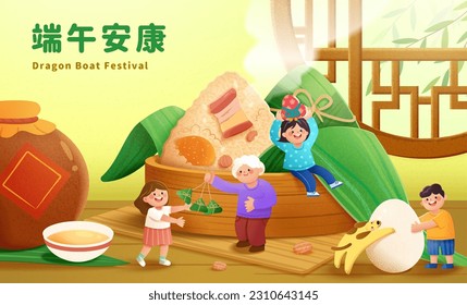 Cute hand drawn style dragon boat festival poster of miniature family eating giant rice dumpling from bamboo steamer beside oriental window and wine jar. Chinese Translation:Happy Duanwu Festival.