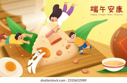 Cute hand drawn style dragon boat festival poster of miniature kids fly around giant rice dumpling beside realgar wine jar. Chinese Translation: Healthy Duanwu Festival.