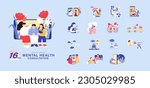 Cute hand drawn style element set of mental health consultation. Concept of overcoming depression with love and support from friend and family, self growth, and online therapy