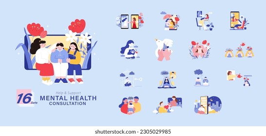 Cute hand drawn style element set of mental health consultation. Concept of overcoming depression with love and support from friend and family, self growth, and online therapy - Shutterstock ID 2305029985