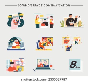 Cute hand drawn style element set of long distance communication. Online calls for keeping in touch with friends and family, conference, and religious activity.