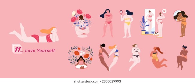 Cute hand drawn style element set of love yourself. Multi ethnic women in bikini embracing themselves. Concept of acceptance, self love and body positivity.