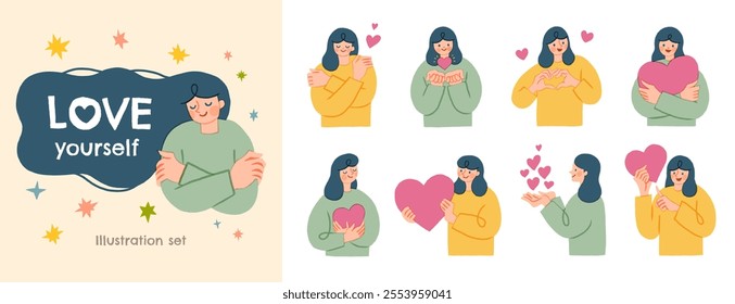 Cute hand drawn style element set of love yourself.  Concept of acceptance, self love and body positivity. Flat isolated vector illustration on white