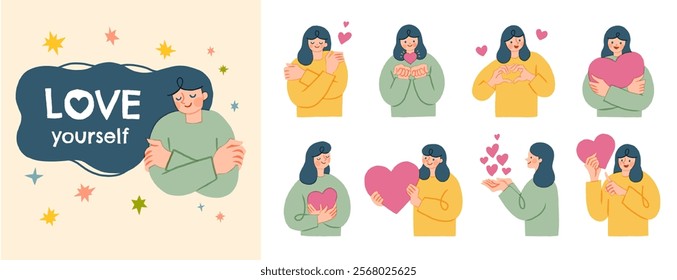 Cute hand drawn style element set of love yourself. Concept of acceptance, self love and body positivity. Flat isolated vector illustration on white