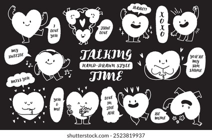 cute hand drawn style heart shape character with romantic quote speech bubble. Variety of love symbol concept crayon drawing doodles blank to text. Health lovely, running hearts icon set. Valentine