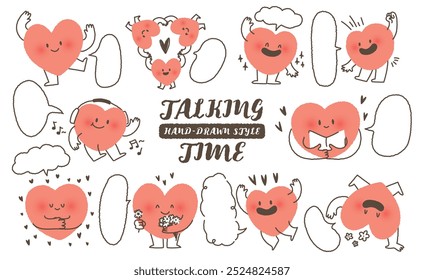 cute hand drawn style heart shape character with speech bubble. Variety of love symbol concept crayon drawing doodles blank to text. Health lovely, running hearts icon set. Romantic valentine. balloon