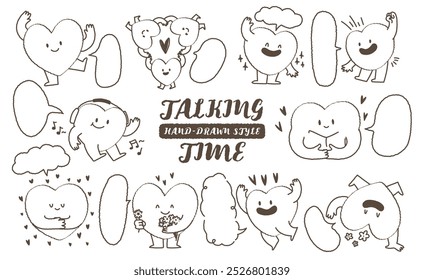 cute hand drawn style heart shape character with speech bubble. Variety of outline love symbol concept crayon drawing doodles blank to text. Health lovely, running hearts icon set. Romantic valentine