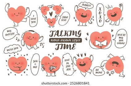 cute hand drawn style heart shape character with romantic quote speech bubble. Variety of love symbol concept crayon drawing doodles blank to text. Health lovely, running hearts icon set. Valentine