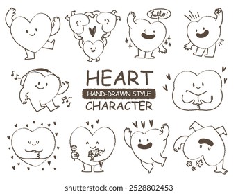 Linda mano dibujada estilo corazón forma carácter pegatina. Variedad del concepto de símbolo de amor de contorno crayón dibujando garabatos. Salud, precioso, corazones corriendo conjunto de iconos. Estilo de dibujos animados Romántico día de San Valentín.