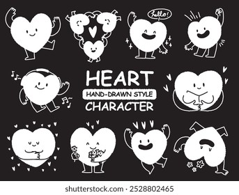 cute hand drawn style heart shape character sticker. Variety of love symbol concept crayon drawing doodles. Health, lovely, running hearts icon set. Cartoon style Romantic valentine's day vector set.