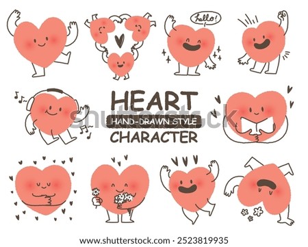 cute hand drawn style heart shape character sticker. Variety of love symbol concept crayon drawing doodles. Health, lovely, running hearts icon set. Cartoon style Romantic valentine's day vector set.