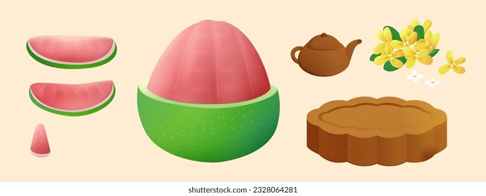 Cute hand drawn style mid autumn elements isolated on beige background. Mooncake, clay teapot, osmanthus flower, upper top part peeled and cut pomelo fruit.