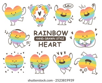 cute hand drawn style rainbow color heart shape character sticker. Variety of love symbol concept crayon drawing doodles Health, lovely, running hearts icon set. LGBTQ Love is love. Romantic valentine